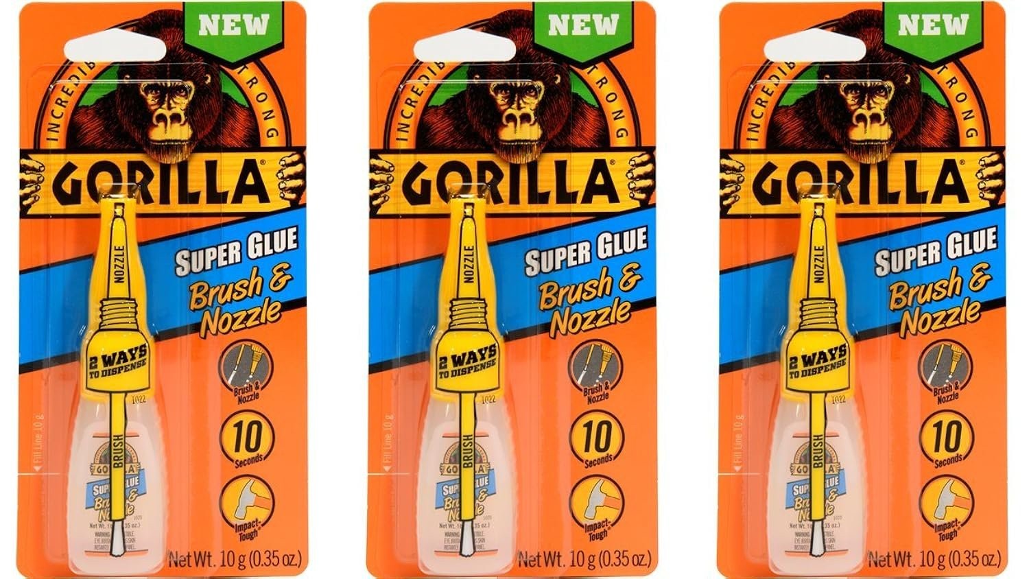 Gorilla Super Glue with Brush & Nozzle Applicator, 10 Gram, Clear, (Pack of 3)