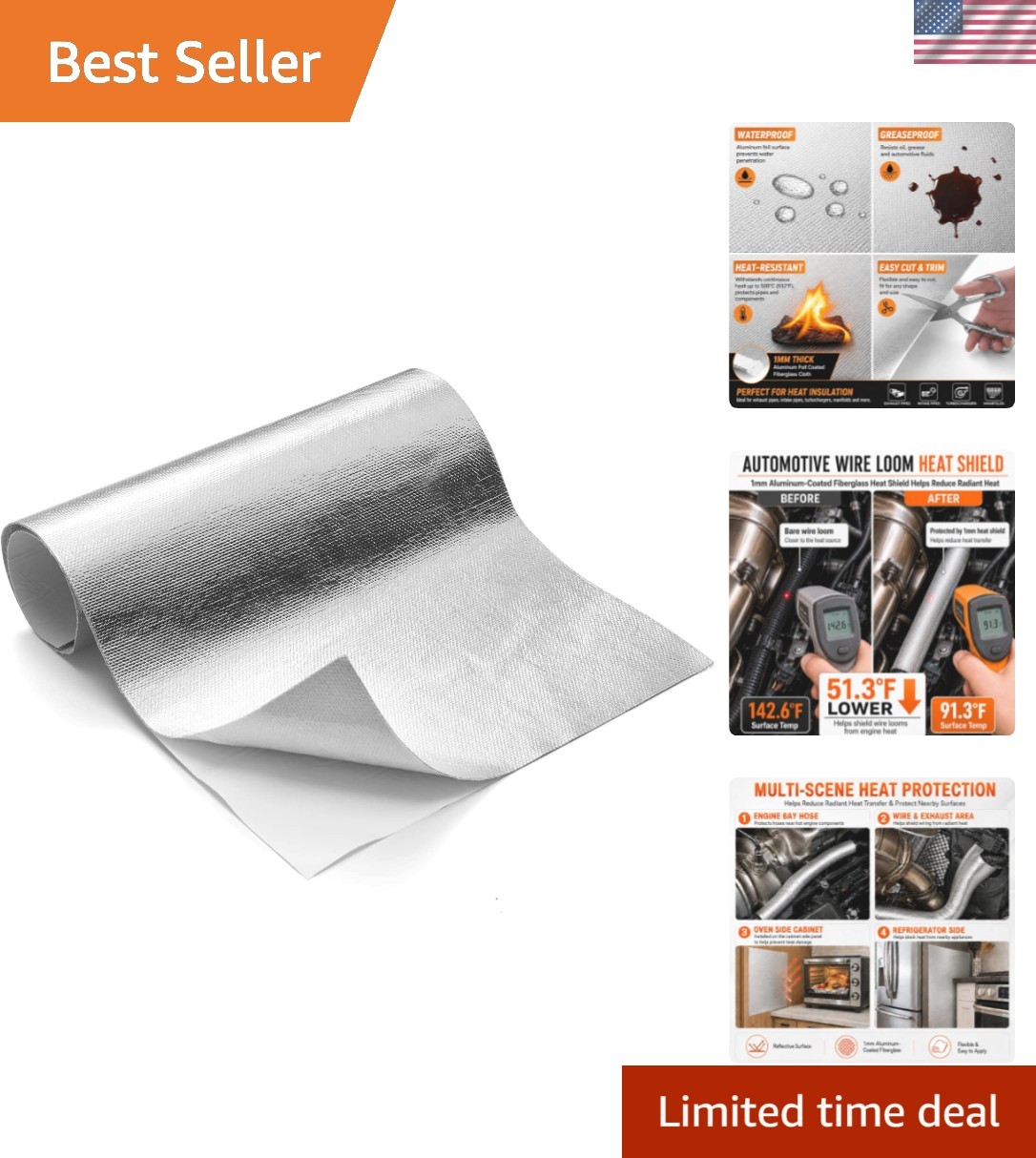 Aluminized Heat Shield Thermal Barrier Adhesive Backed Heat Blanket 12” X 12”