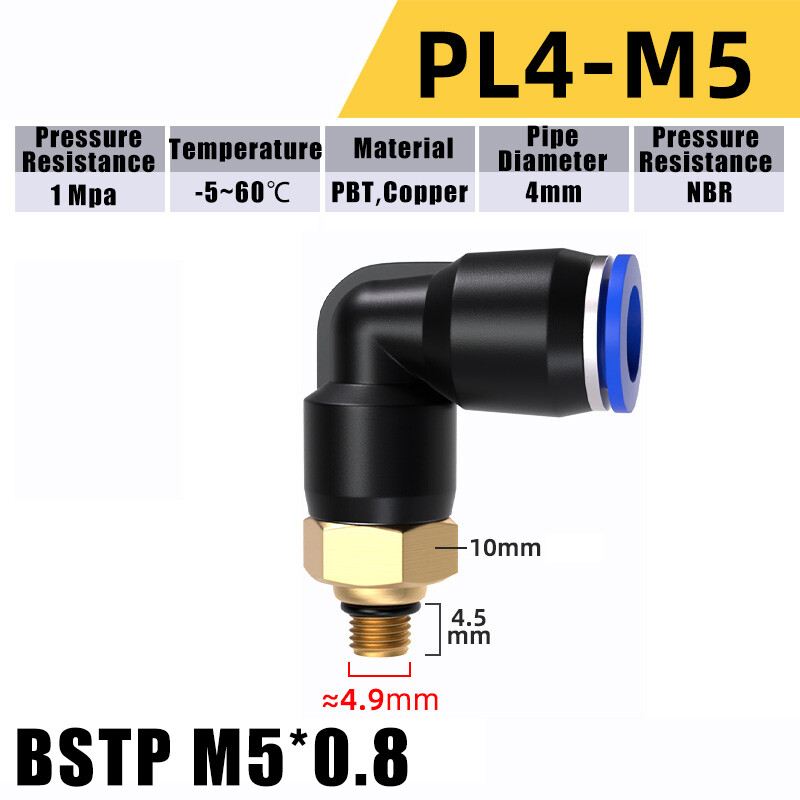 PL Pneumatic Push In Fitting Air Water Pipe Male Elbow Stud 4-6-8-10-12-14-16 mm