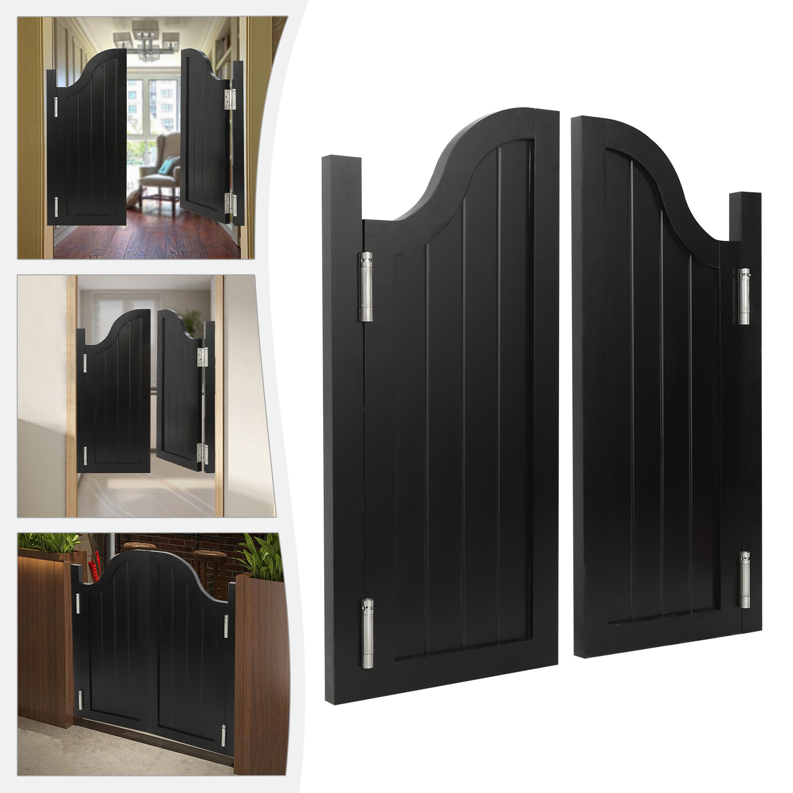 2 Doors Black Swing Solid Wood Door 180?? Partition Door w/ 4 Hinges for Shop US