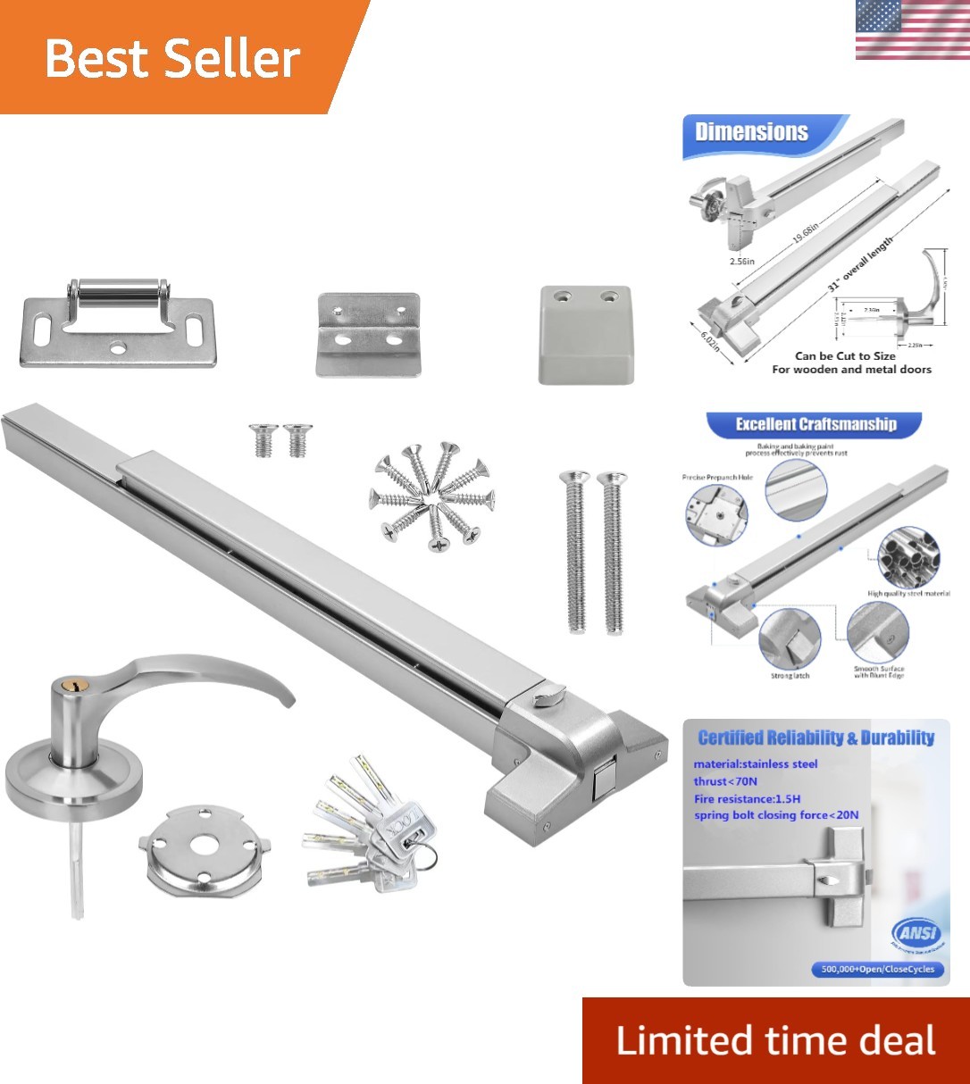 Fast Install Panic Exit Device – 31.5” Stainless Steel with Ambidextrous Handle
