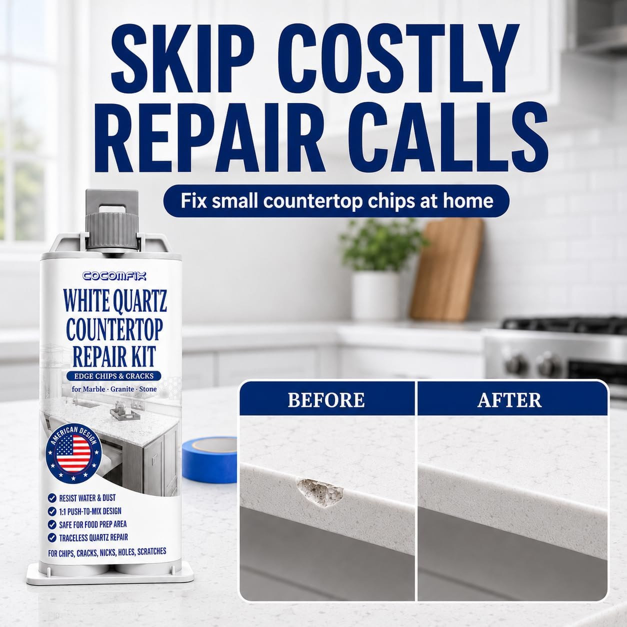 White Quartz Countertop Repair Kit, Counter Filler for Chips & Cracks | Quick-Cu