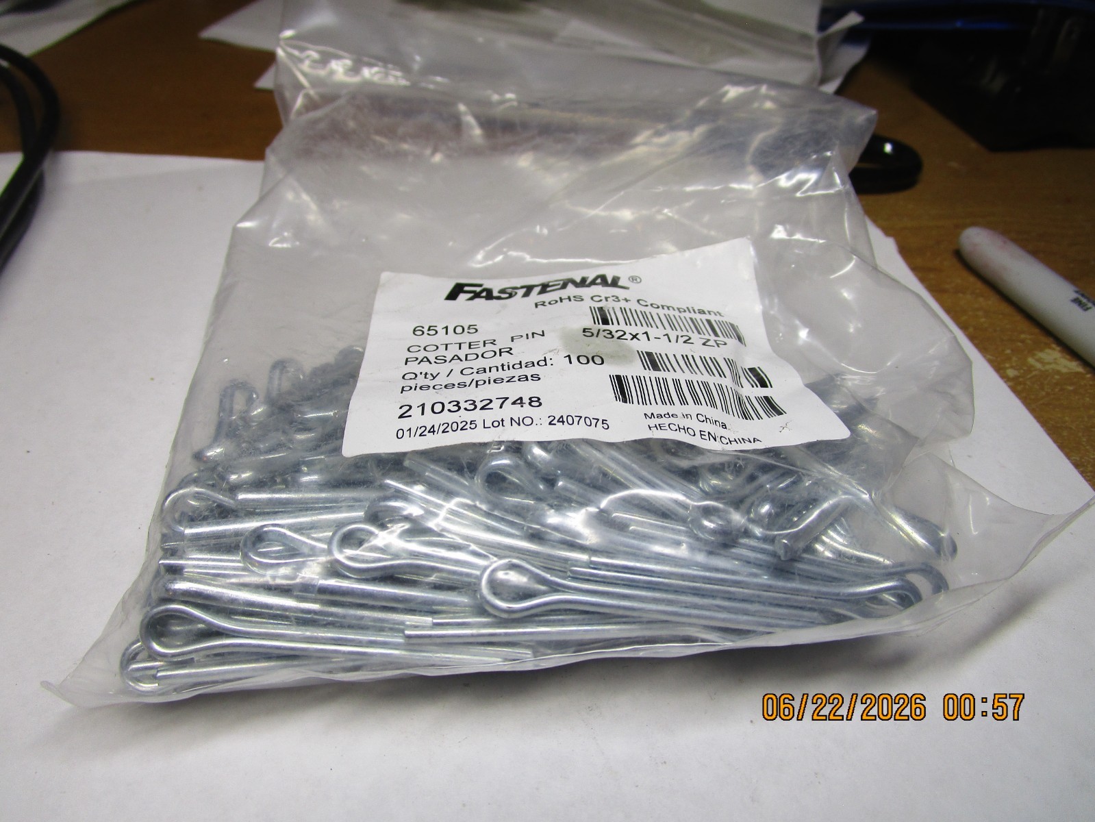 5/32″ x 1-1/2″ Zinc Finish Extended Prong Cotter Pin QTY 100