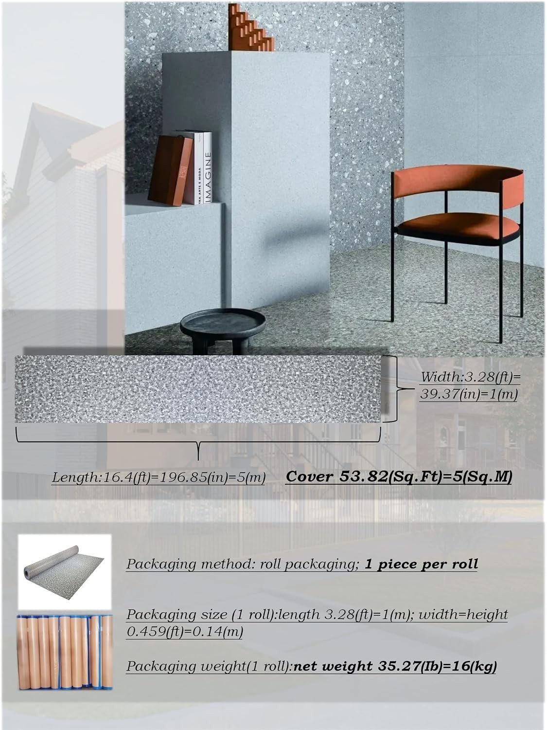 HT2103 Gray Terrazzo Vinyl Flooring Roll 16.4×3.28 ft 53.82 sq ft 2mm