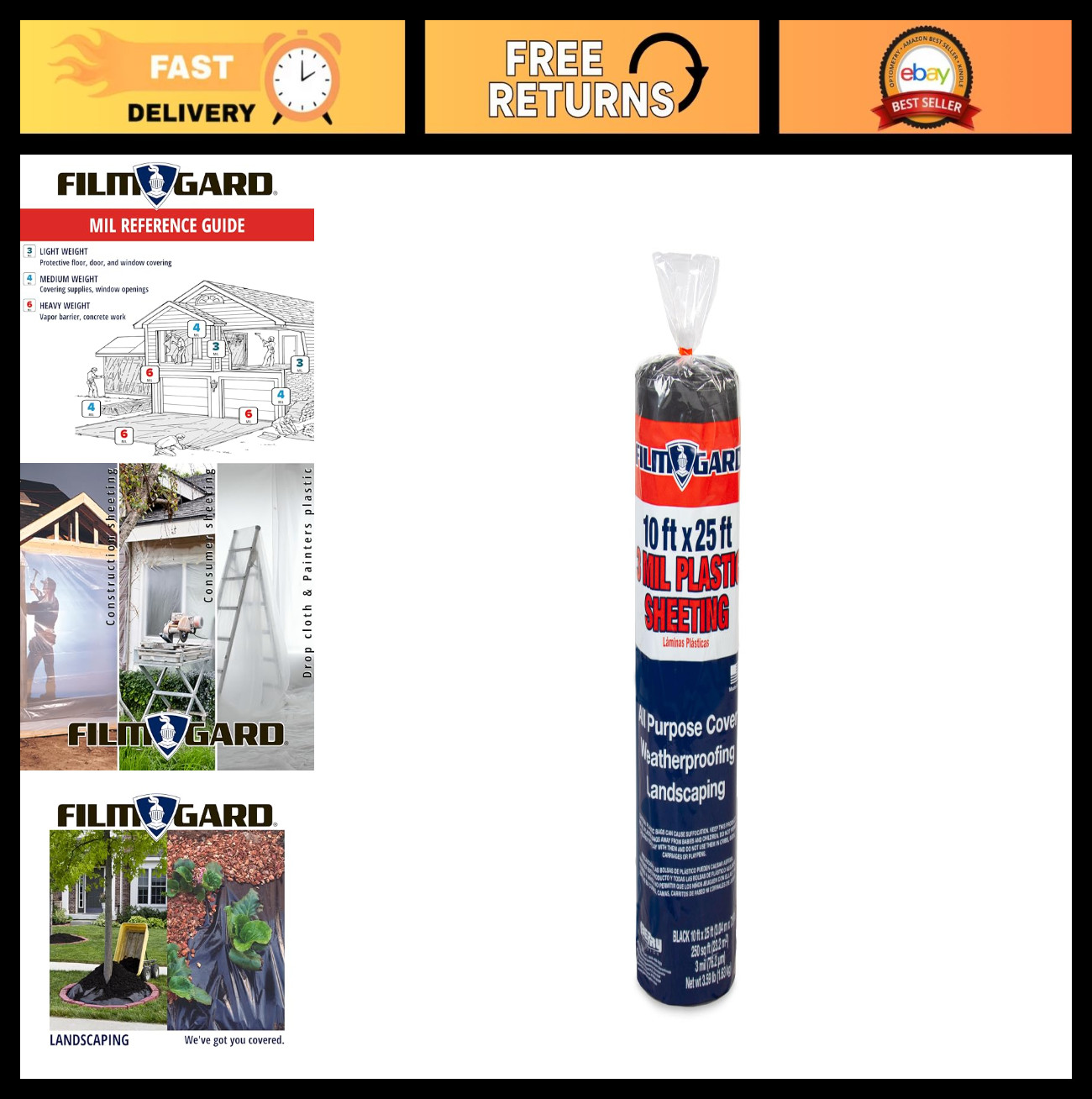 Heavy-Duty Black Plastic Sheeting 10′ x 25′ – 3 Mil Thick, Waterproof & Durable