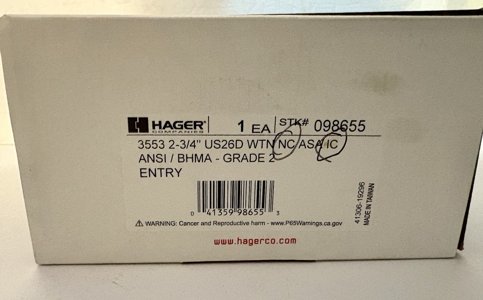 NOS 3553 HAGER 098655 Satin Chrome Entry Lever WTN NC ASA IC ANSI BHMA GRADE 2