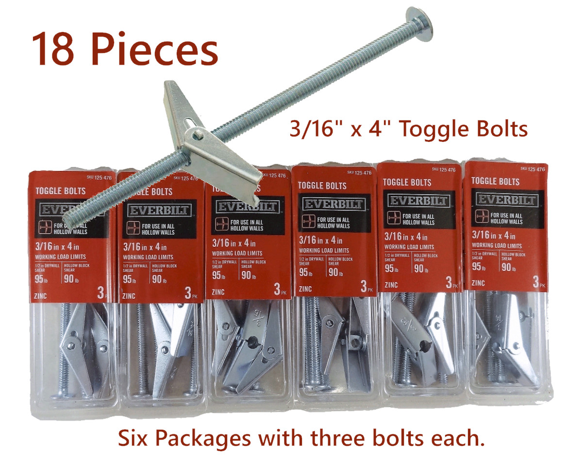18 Pieces 3/16 in. x 4 in. Zinc-Plated Toggle Bolts, Mushroom Phillips Head. NIB