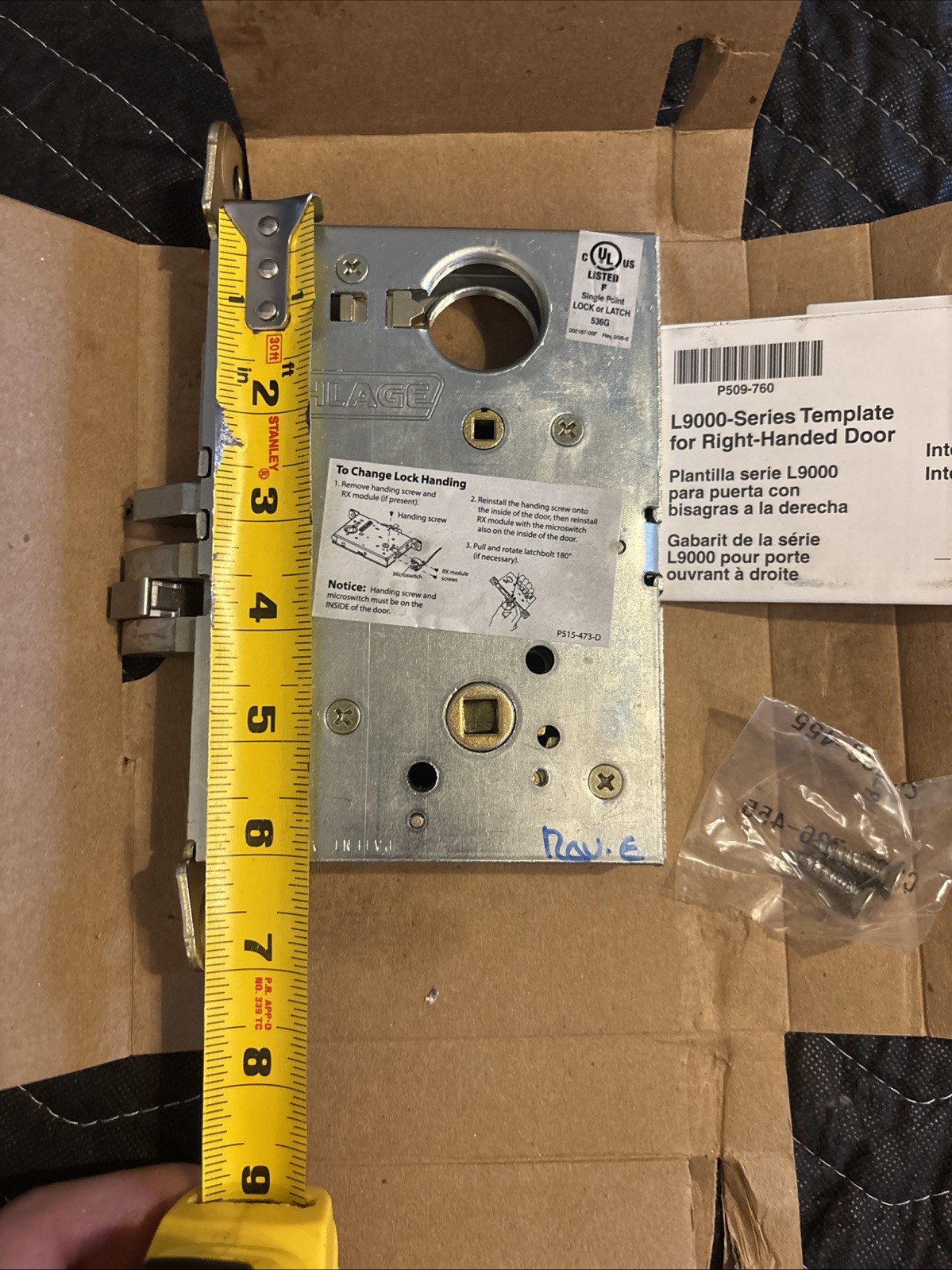 SCHLAGE L9453LB RH 134 Entrance Lock Body,RH,1-3/4″ Thick Door 28XY31