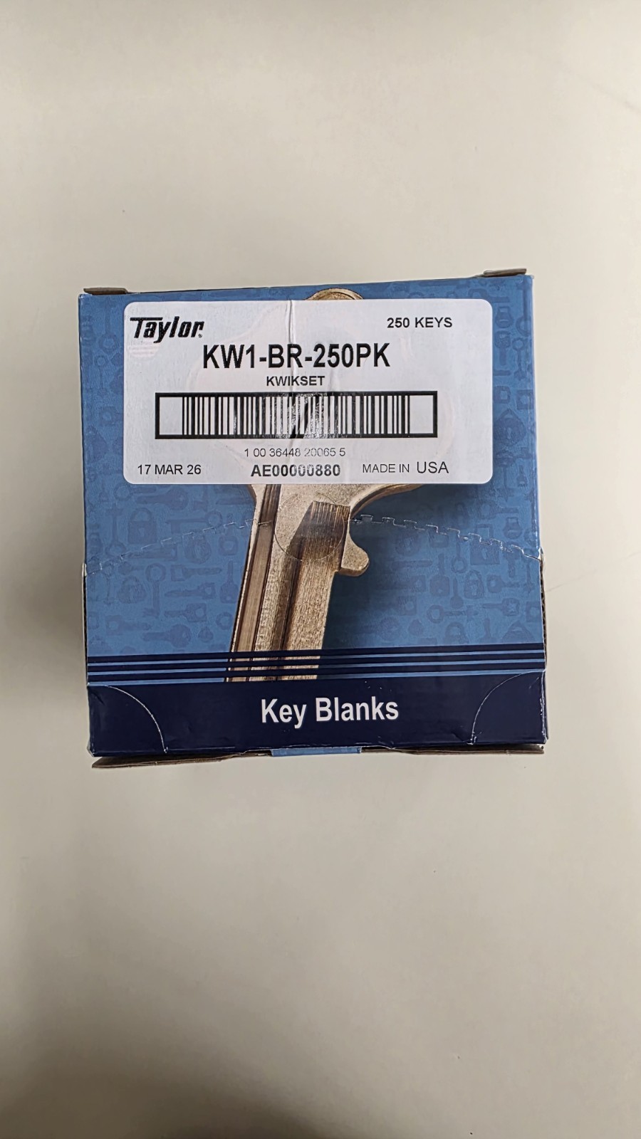 Y1 Brass Key Blank, TAYLOR Y1-BR-250PK, 250/Box