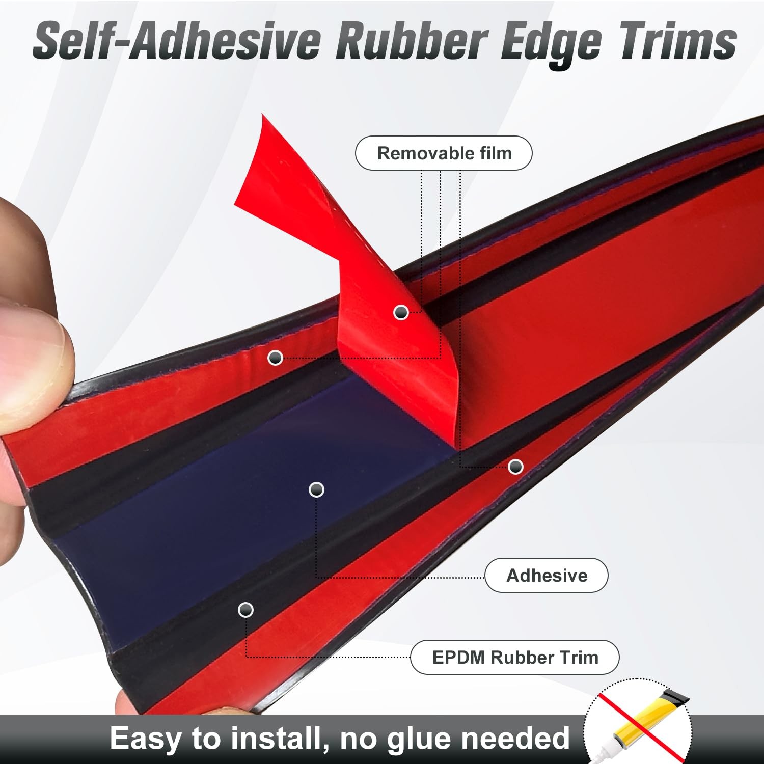 Rubber Edge Trim, Self Adhesive Size1/2″(Fit 7/16″~9/16″), L20′, Gloss Black