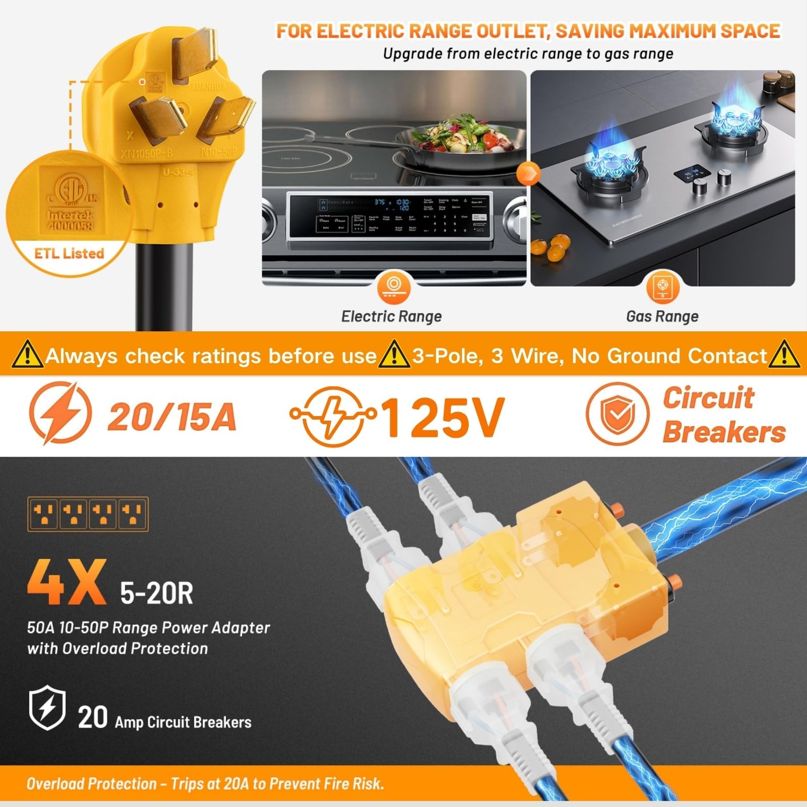 MECMO 50A 220 to 110 Household T-Blade Adapter, NEMA 10-50P 4X Yellow