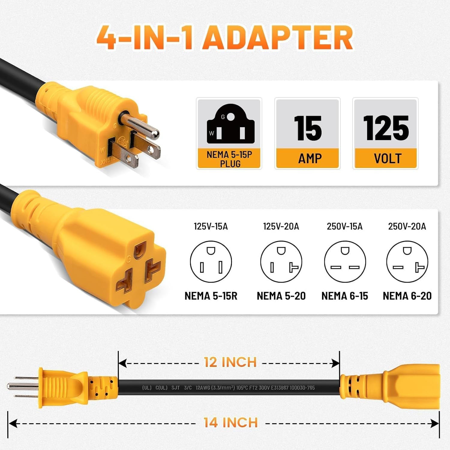 Outdoor 12 Inch 15 Amp Household to 20 Amp AC Power Adapter Cable