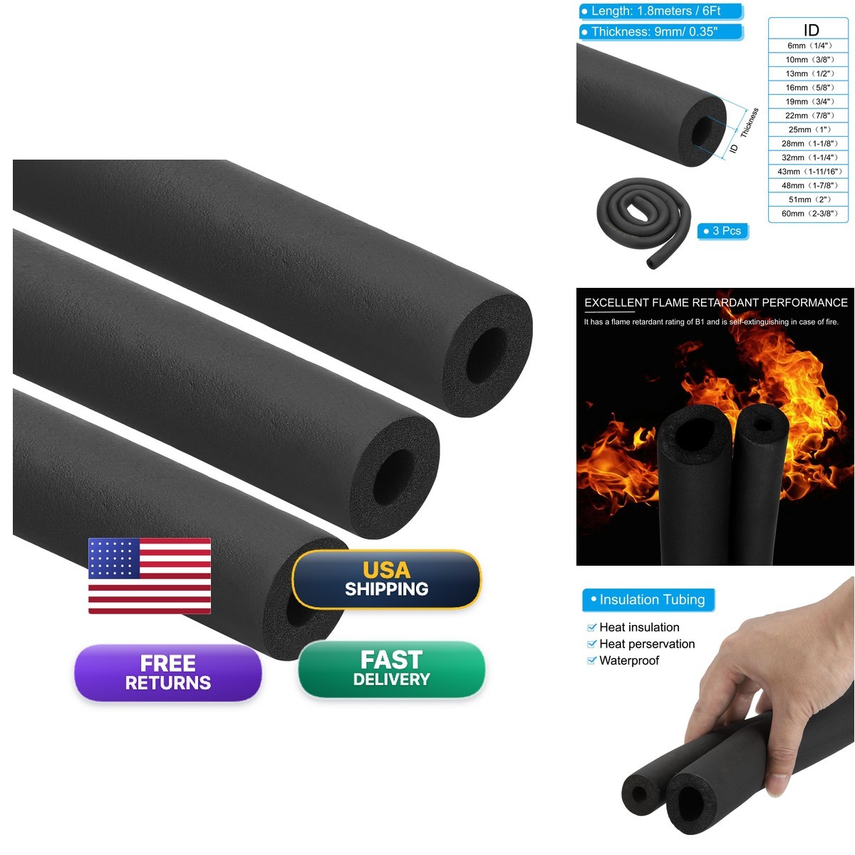 Patikil 5/816Mm Id X 6Ft Pipe Insulation Foam Tube 3Pcs Pipe Cover Wrap Roll