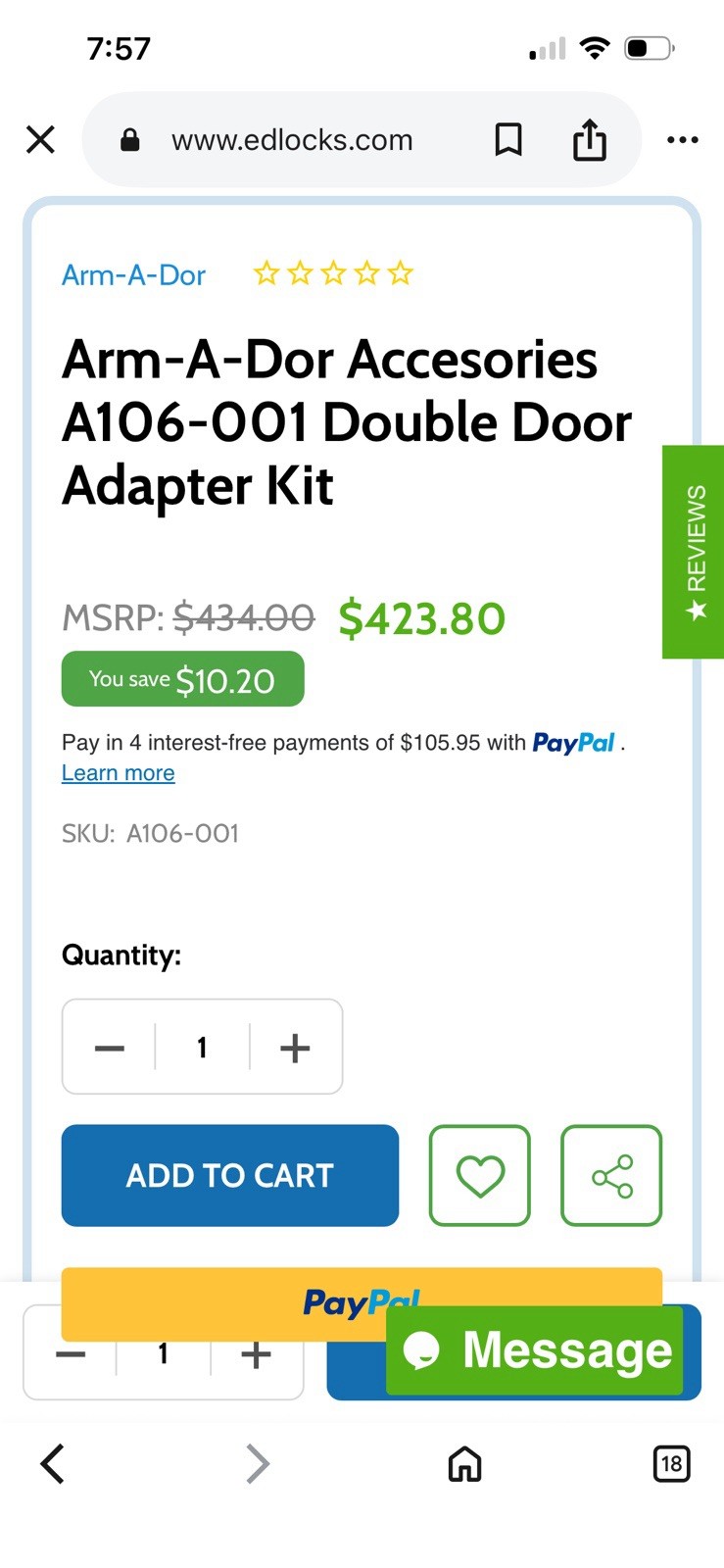 Sargent and Greenleaf (Arm-A-Dor) Double Door Adapter Kit A106-001