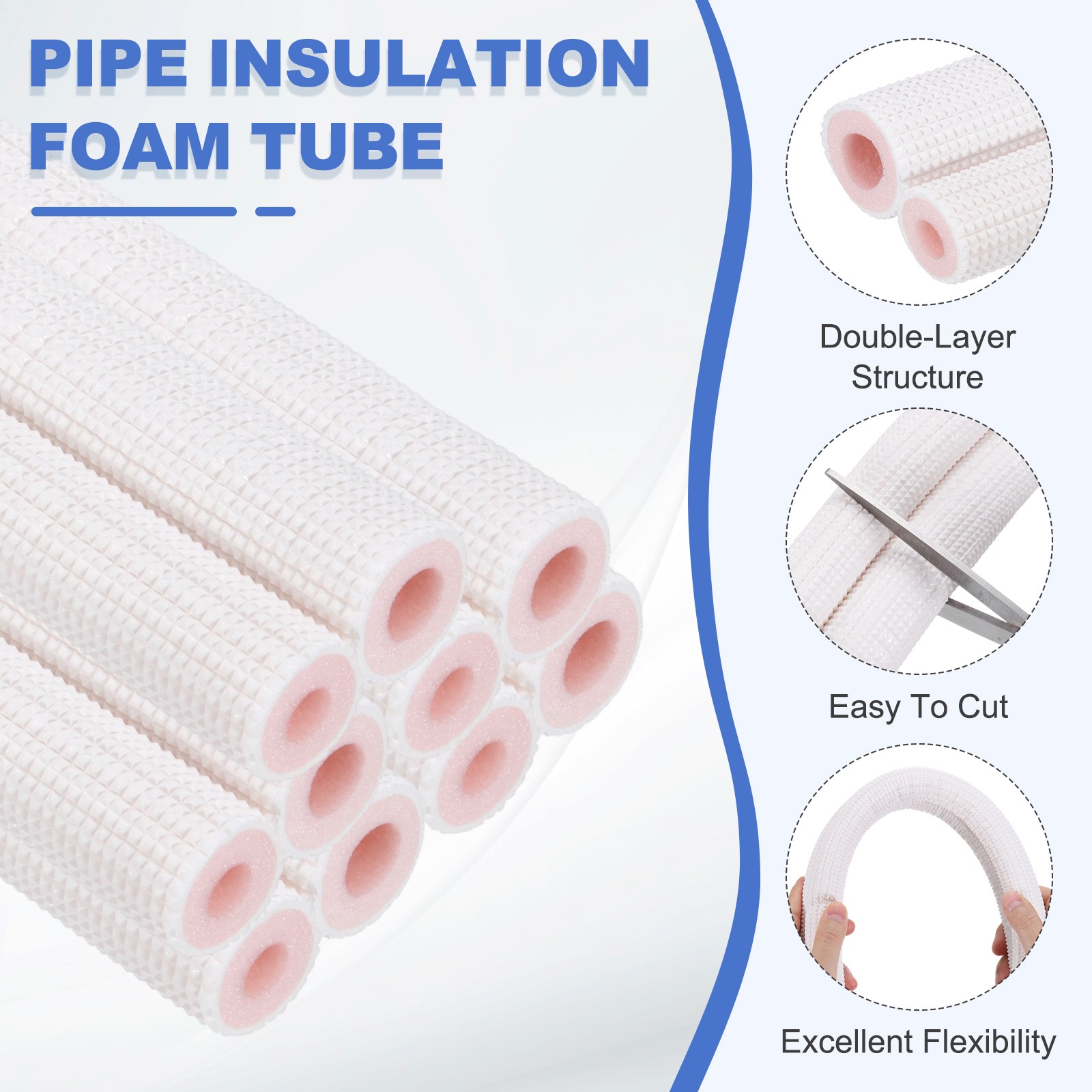 HVAC Copper Pipe Insulation Foam Tube 3/8″ 3/4″ ID Pipes, 10ft, White/Pink