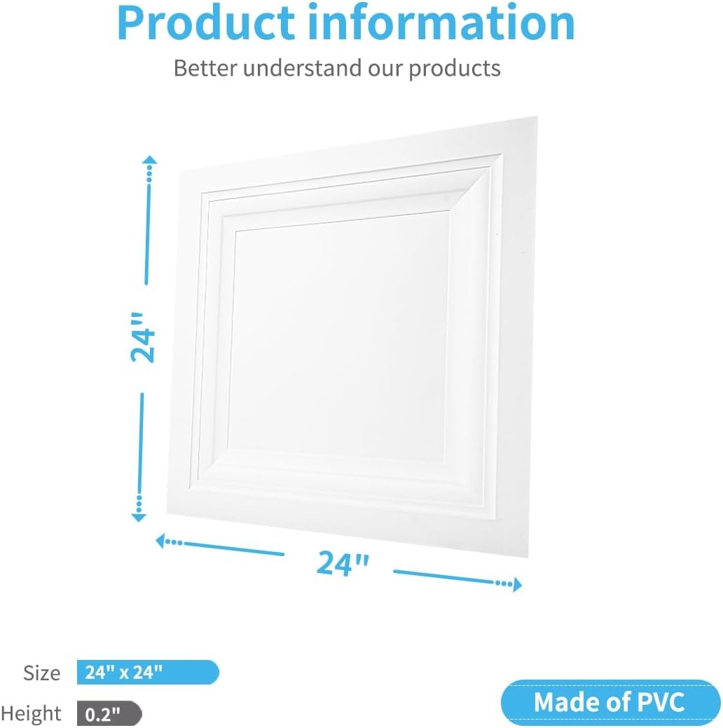 Art3d PVC Drop Ceiling Tiles,Glue Up Plastic Panel,24x24in,48 sq.ft (12Pcs)