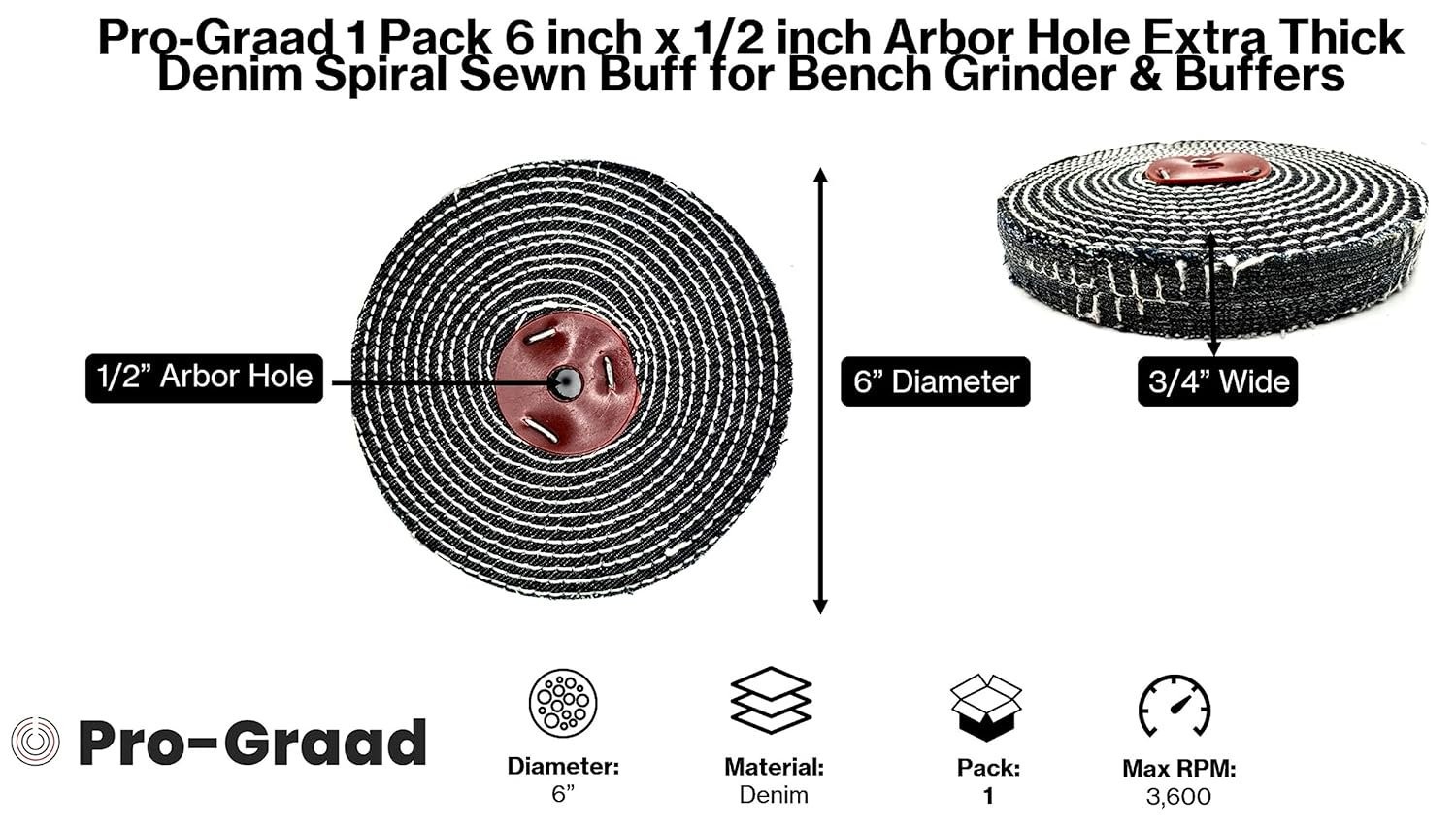 Pro-Graad 1 Pack 6” Denim Buffing Wheel 6 inch x 1/2 inch Arbor Hole Extra…