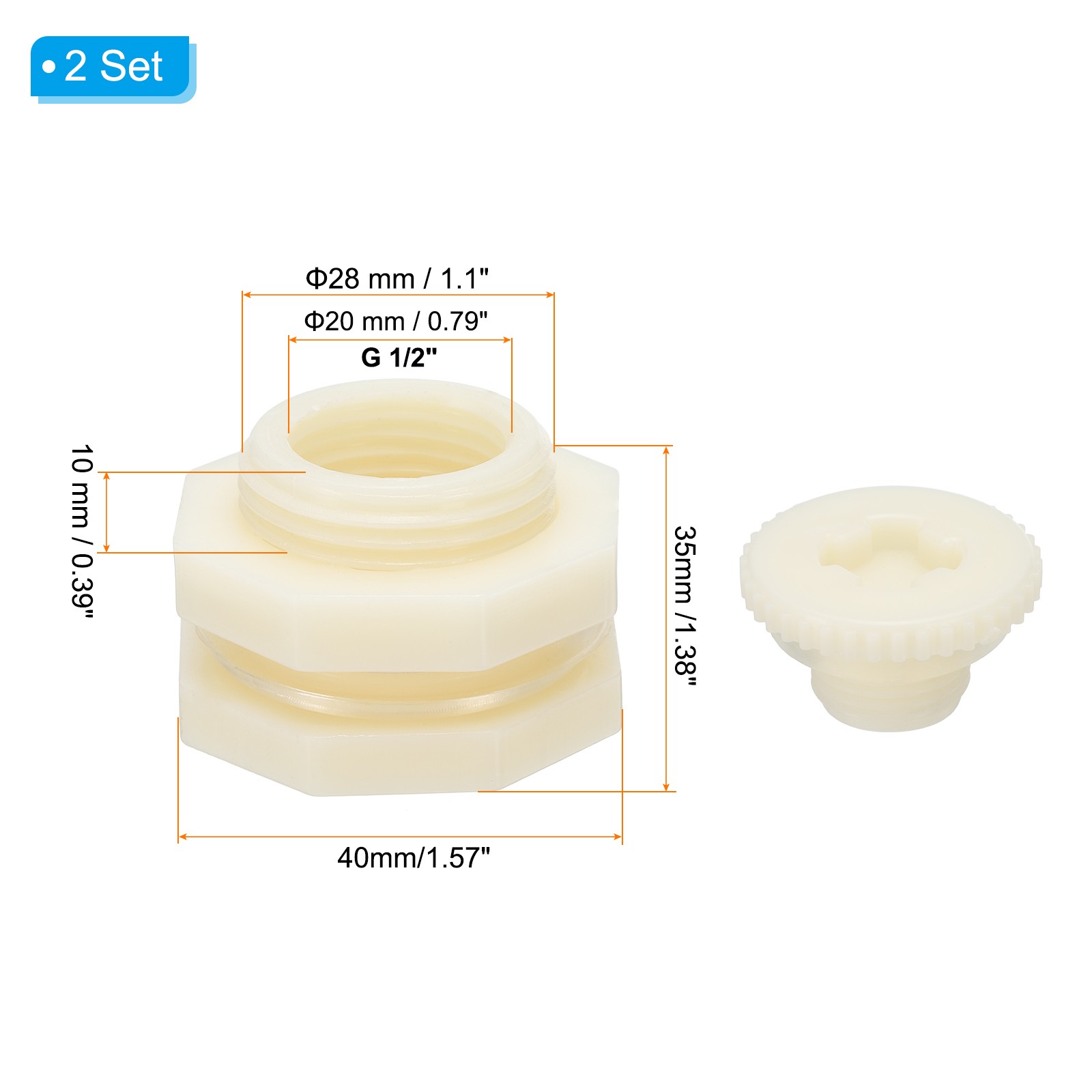 2pcs ABS Bulkhead Fitting 1/2″ Threaded Bulkhead Water Tank Connector, White