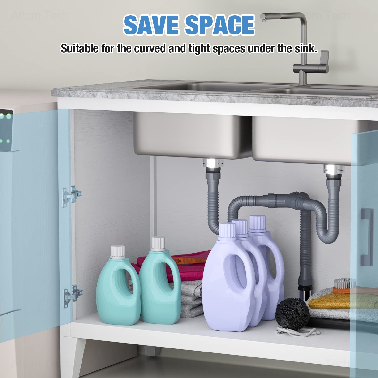 NiHome Flexible P-Trap Drain Kit for Double Kitchen 1 1/2″ or 1 1/4″, Gray