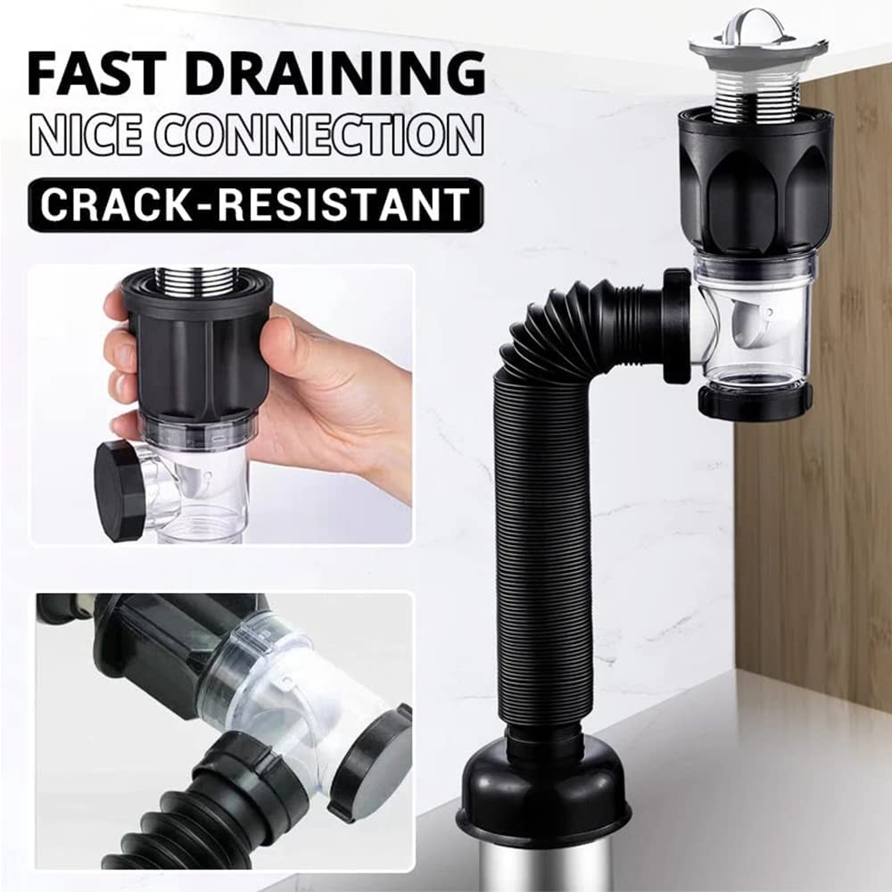 Bathroom Sink Drain Kit with Flexible Expandable P-Trap Pipe cool black