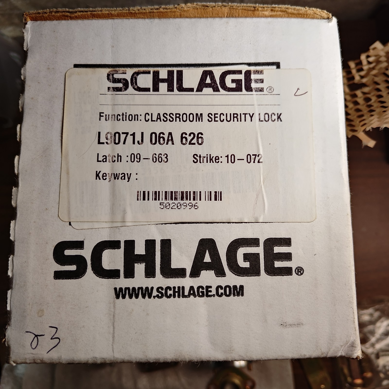 Schlage l9071J 06A 626 Classroom Security Mortise Body Lock W/ LFIC Housings
