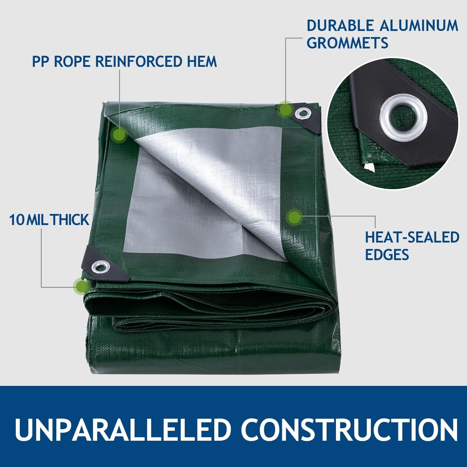 10 Mil Heavy Duty Waterproof Tarps, 16×20 Ft Finished Size Tarps, Premium Tar…