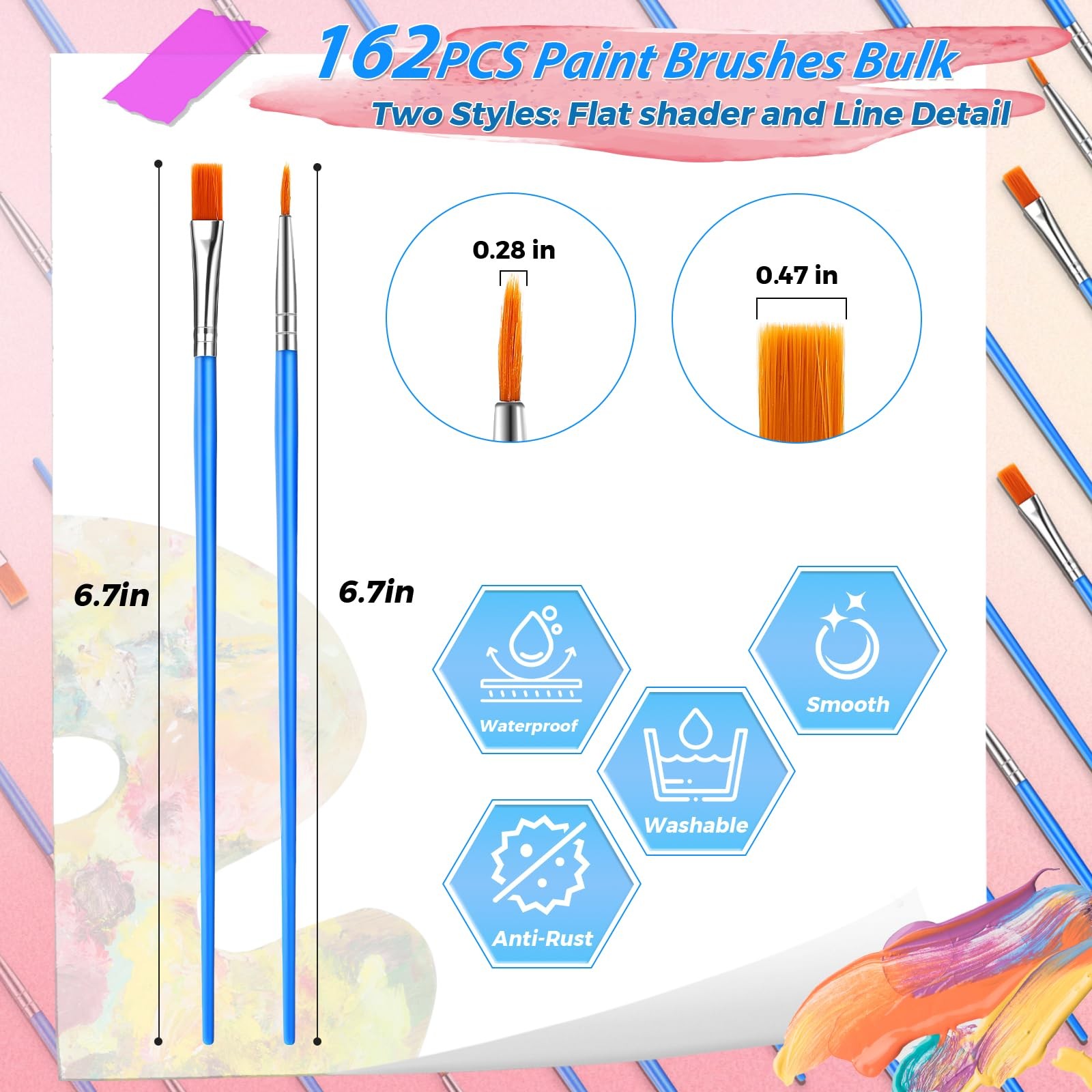 162 Pcs Paint Brushes Bulk, Round Flat Tip Acrylic 162 PCS, Blue