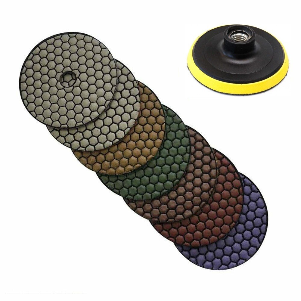 Diamond Polishing Pads 4 inch Dry 7 Piece Set& Backer Pad Granite Concrete Stone