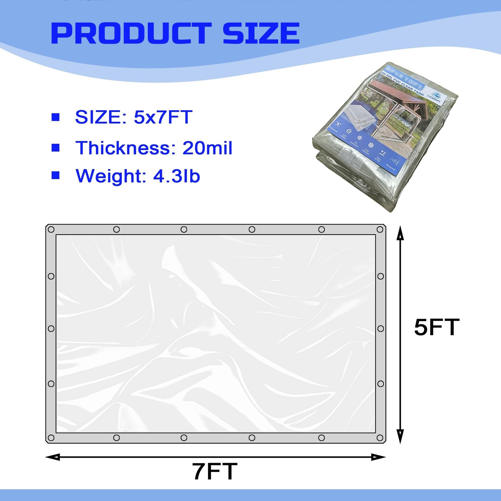 Clear Tarp 5 x 7FT, 20 Mil Clear Vinyl Tarp, Small Cover Plastic Sheeting wit…