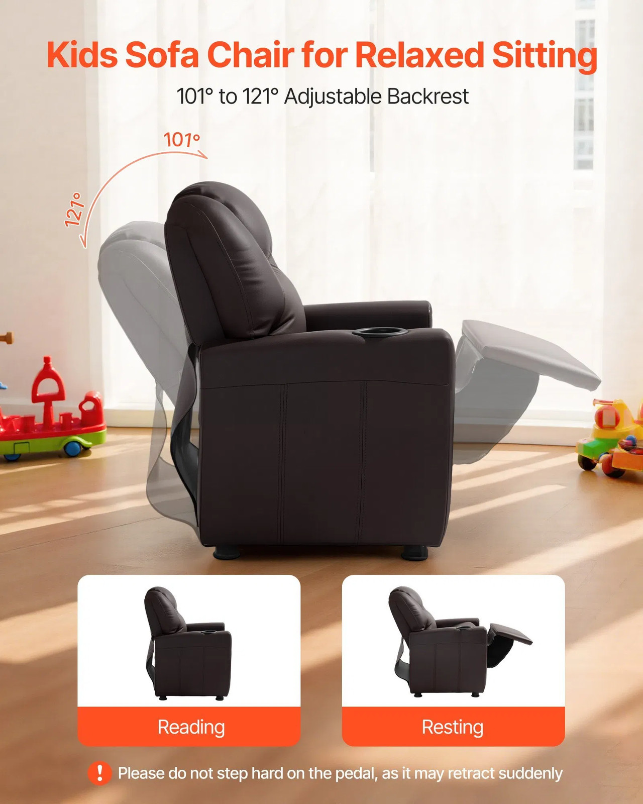Kids Reclining Chair, Toddler Recliner with Cup Holder, 101?&deg; to 121?&deg; A