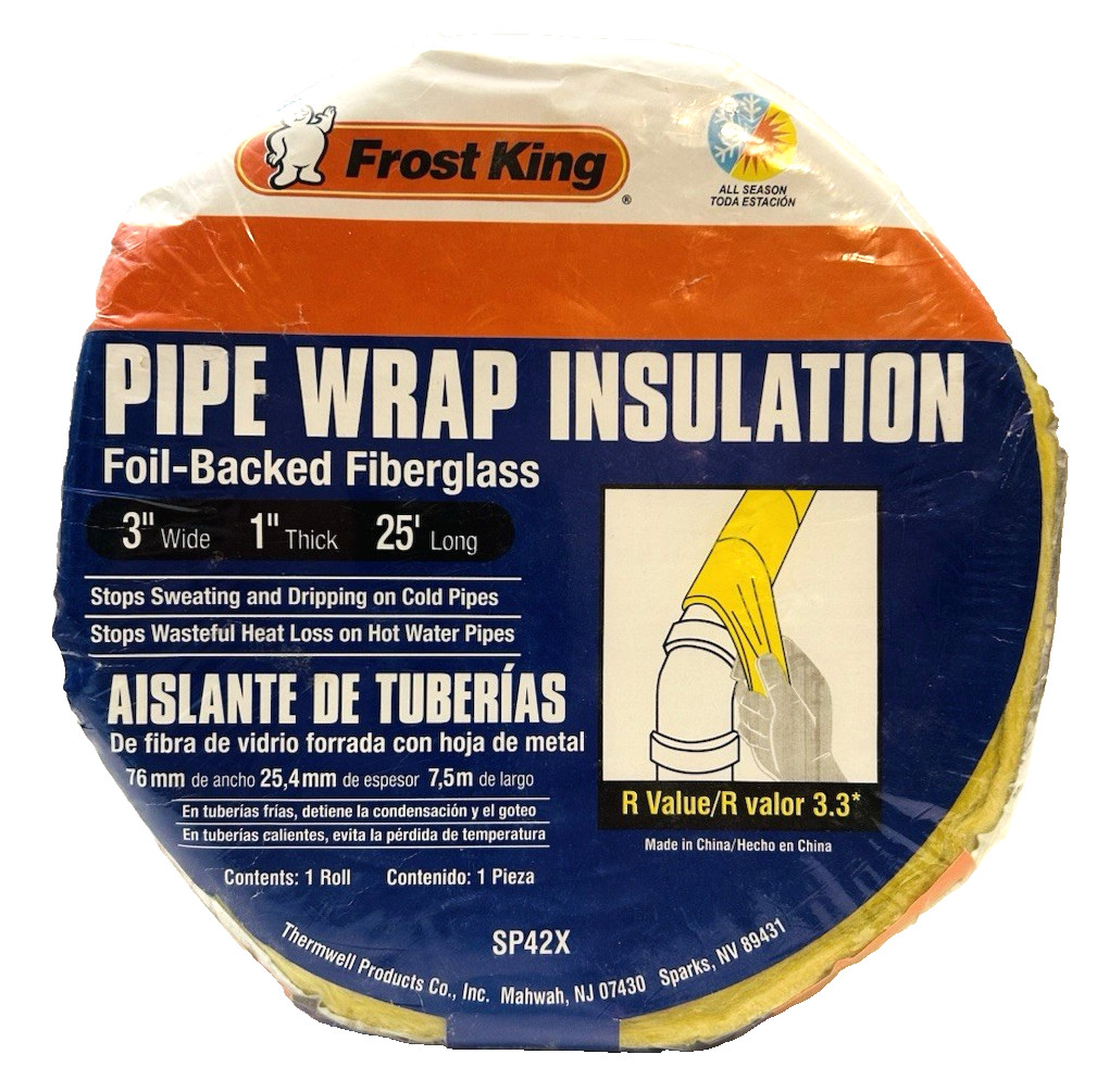 Frost King PIPE WRAP INSULATION Foil-Backed Figerglass 3″ x 1″ x 25′ New SP42X