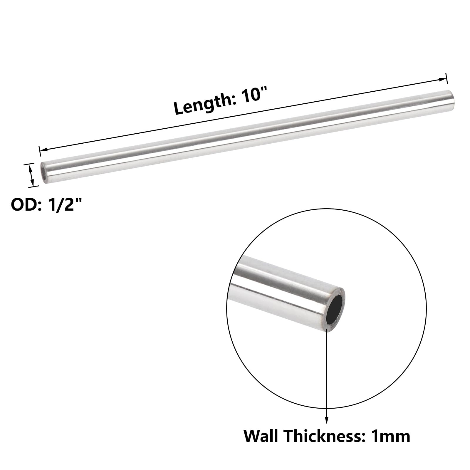 A-KARCK 1/2″ OD 304 OD, 10″ Length, 1mm Wall Thickness, 4 Pack, sliver