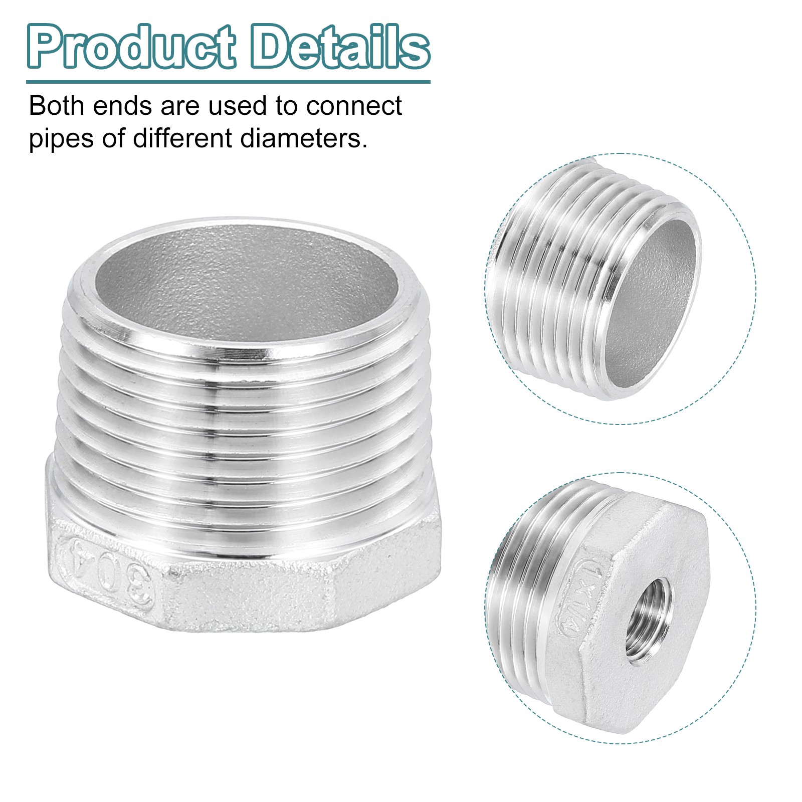 2Pcs 1″ Male to 1/4″ Female NPT 304 Stainless Steel Reducer Hex Bushing