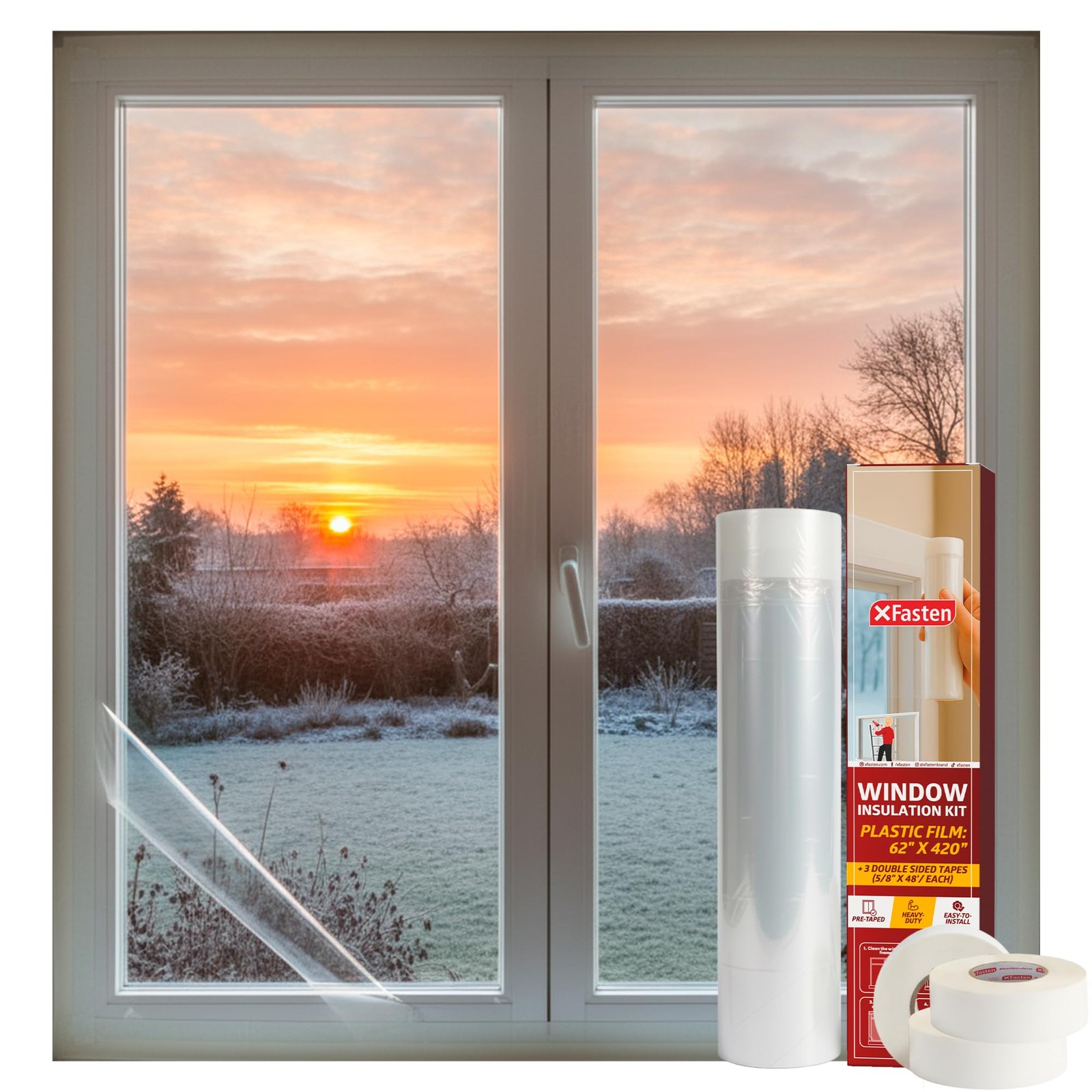 Window Insulation Kit for Winter, Pre-Taped 62″ x 420″ 0.75 mil Clear Window …