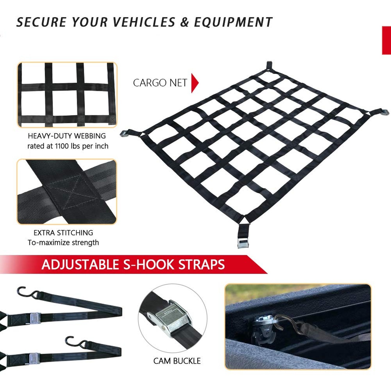 Surmountway Heavy Duty Cargo Net – 66″ x 50″, 1100LBS Capacity, Adjustable Ca…