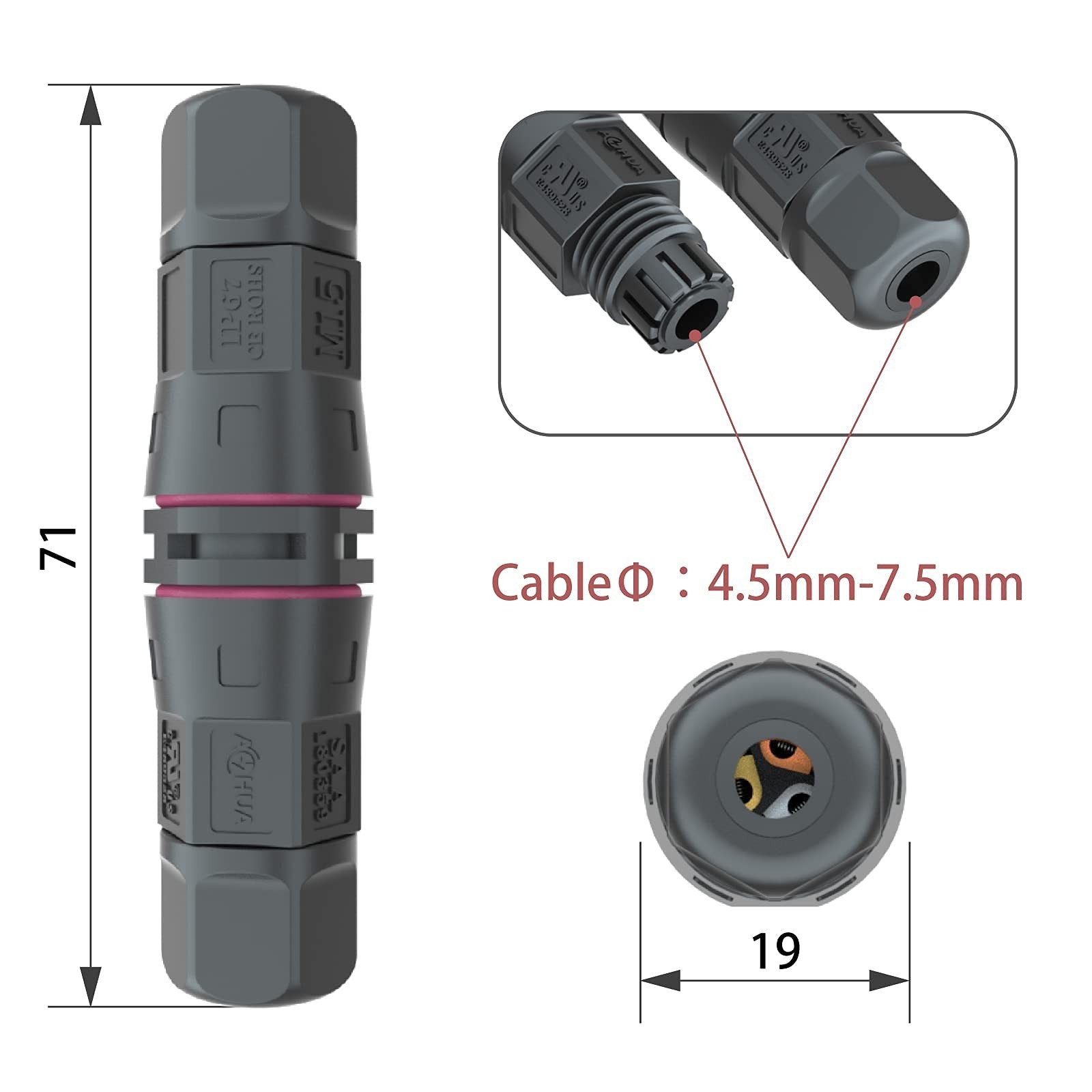 AOHUA 5-Pack Waterproof Junction Box, M15 3-Pin IP68 Outdoor Electrical Wire …