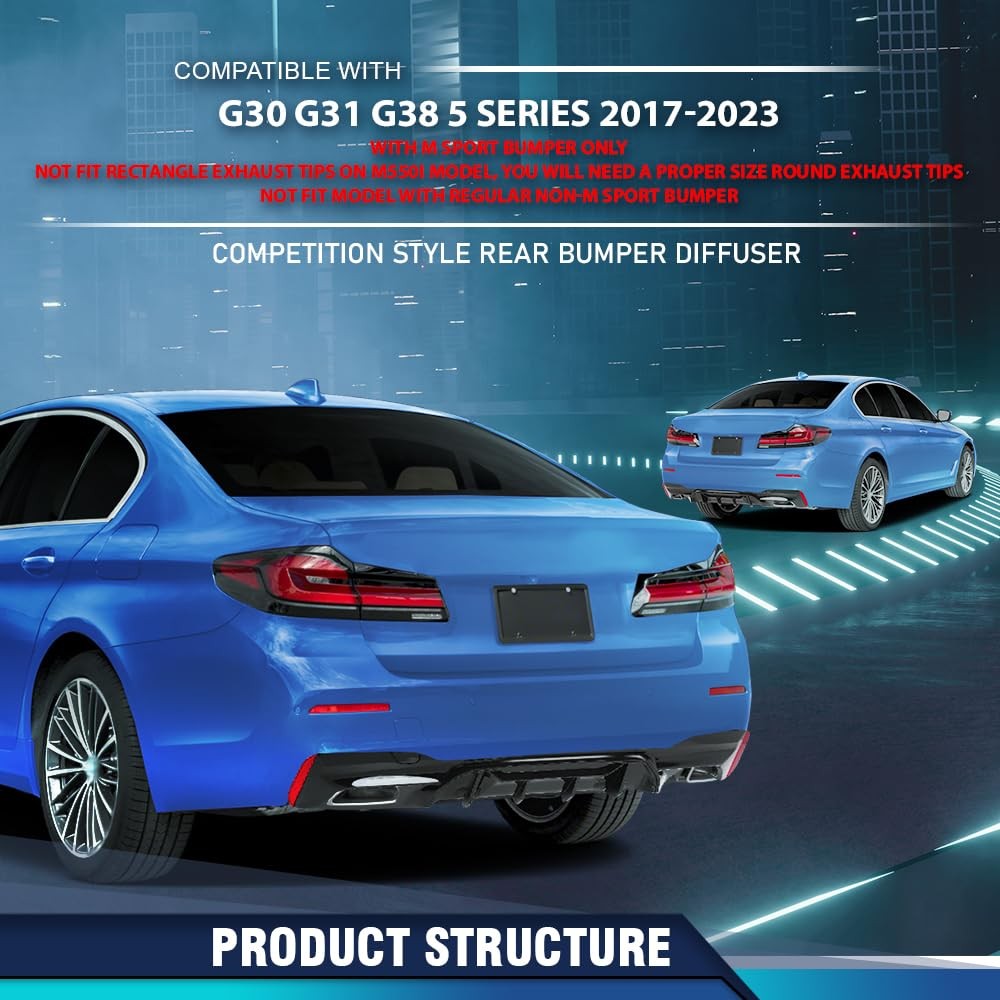 Rear Diffuser G30 G31 G38 5 Ser M Comp 2017-2023 MSport No M550i Rect Tips Black