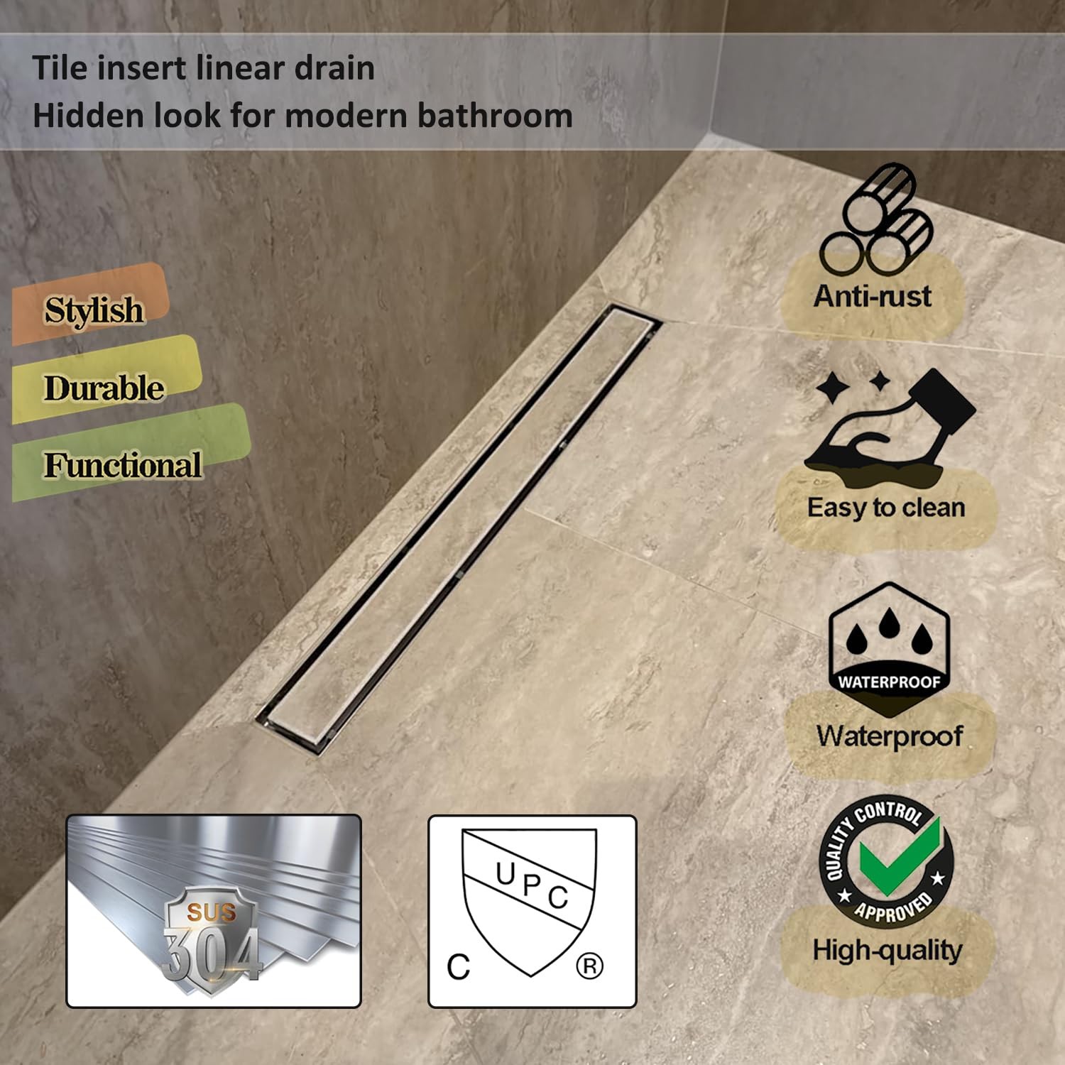 Neodrain 18-Inch Linear Shower Drain, Brushed 304 18 IN, With Base