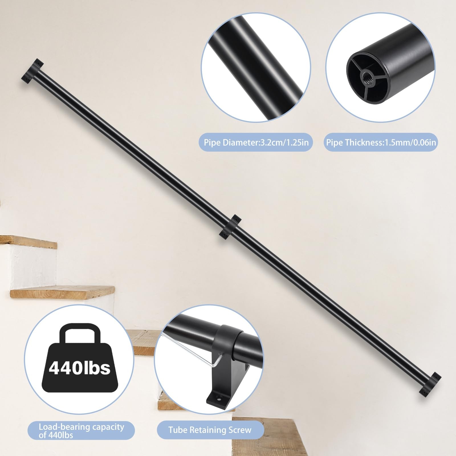 SDNBHT Industrial Stair Railing Metal 4 Feet – 1.25 Inch Tube Diameter, Black