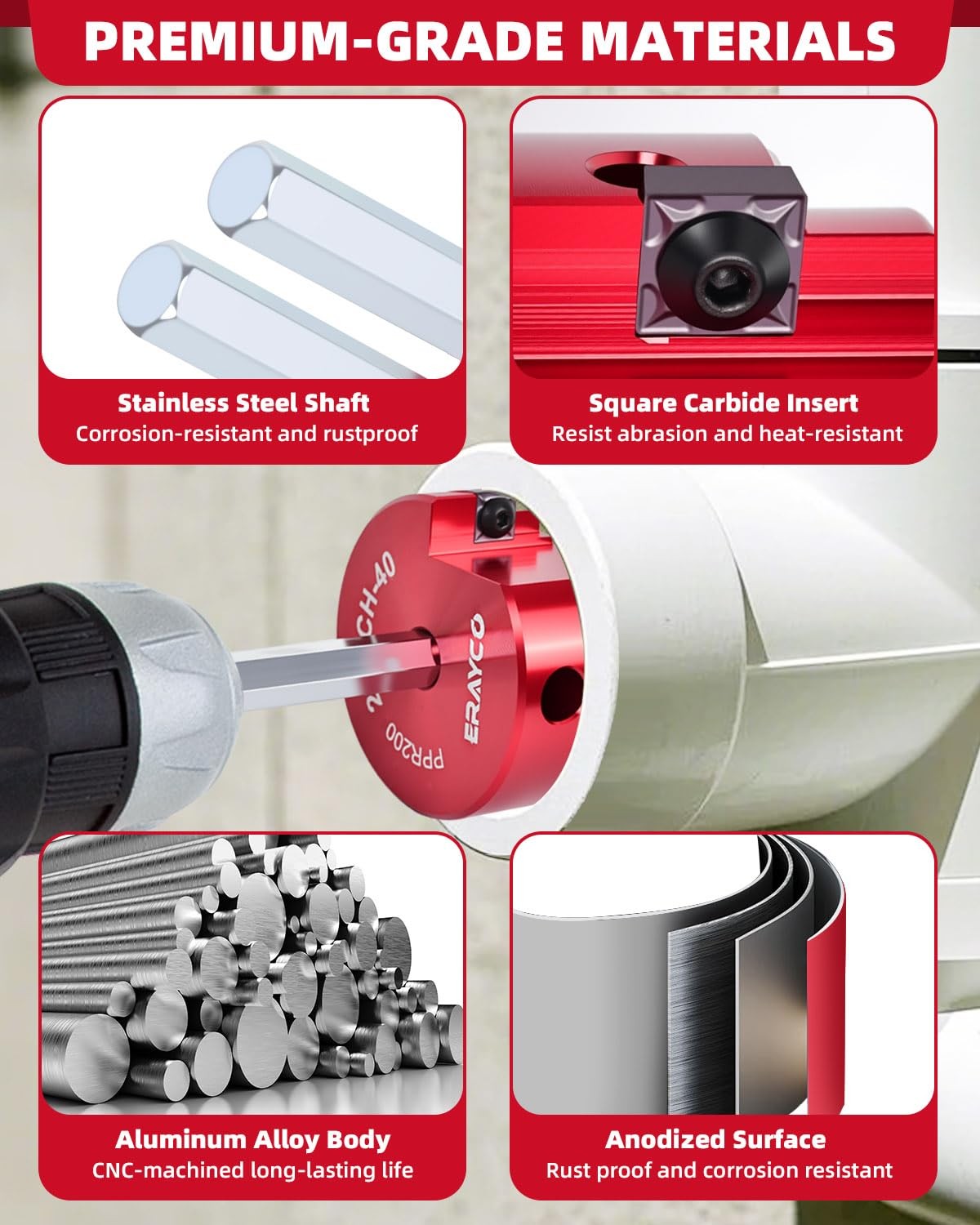 ERAYCO 6-Piece PVC Pipe Reamer Kit-Professional 3/4+1+1.5+2+3+4 Inch, Red