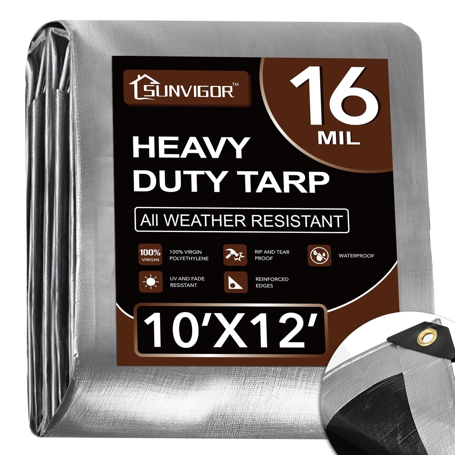 Sunvigor Tarp Waterproof 10x12Ft, Extra Thick 16 Mil Heavy Duty Tarp Cover, T…