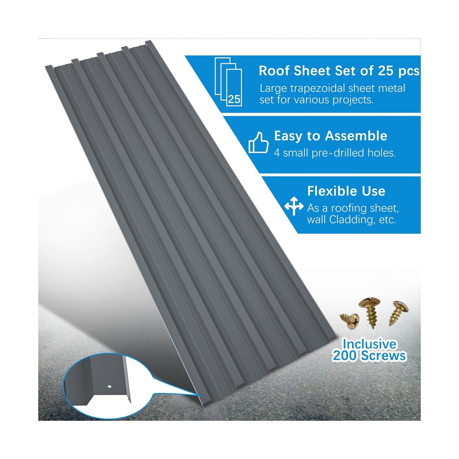 Metal Roof Panels 25 Pcs Gray Roofing Panels Galvanized Steel with Screw Resi…