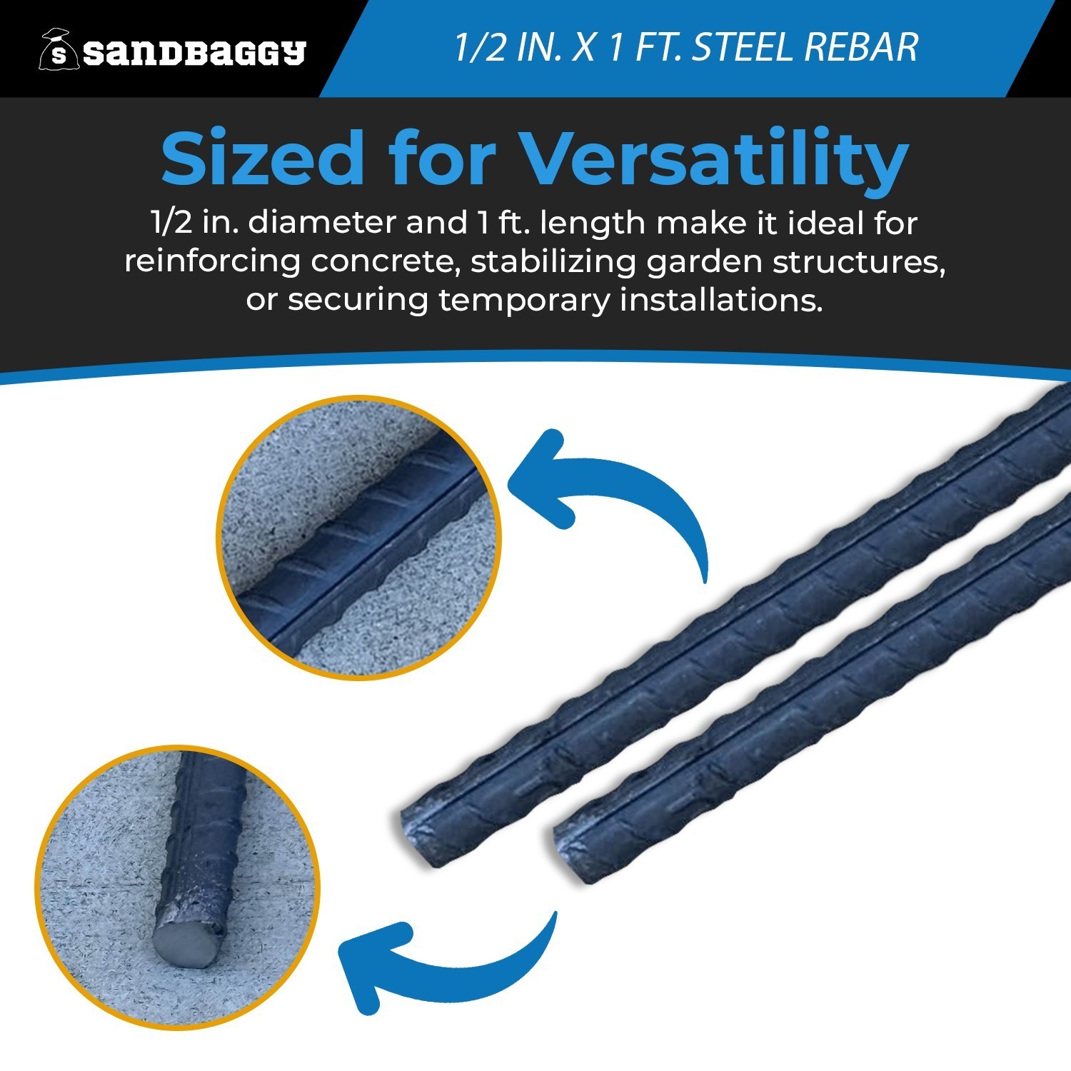 Sandbaggy 1/2 in. x 1 ft. Steel Rebar #4 – Pre Cut Seel Reinforcement Bars