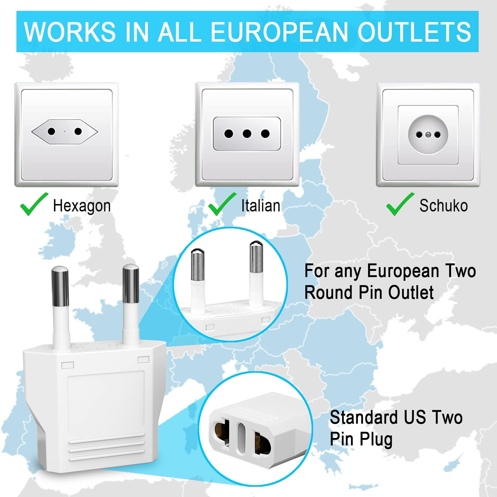 6 Pack European Travel Plug Adapter, US to Europe Type C- 6 White