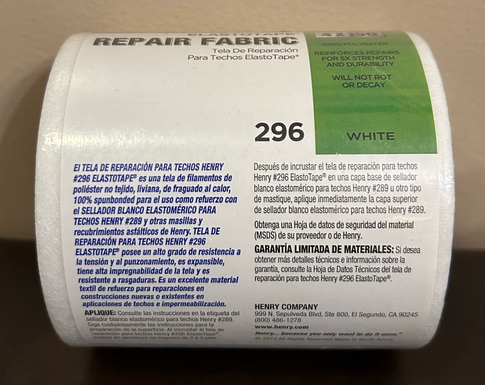 FIVE ROLLS Henry Elastotape Repair Fabric 4″ x 150′ 296 White New Fast Ship