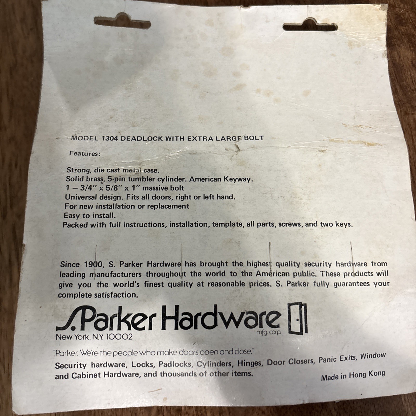 S. PARKER LOCK DEADBOLT Model 1304 Deadlock With X- Large Bolt 3/4”x5/8”x1” Bolt