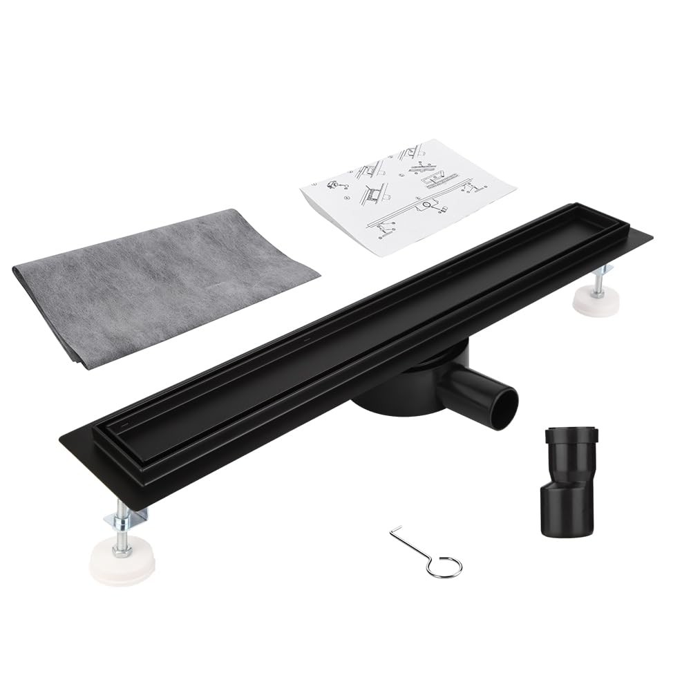 Shower Channel 70 cm Complete Set Black, Stainless Steel Drain Channel, Extra Flat Bef…
