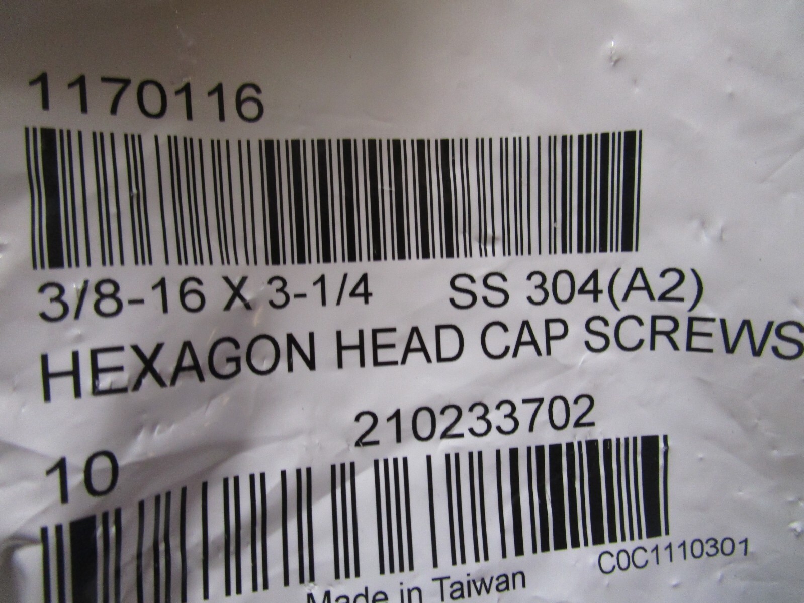 3/8″-16 x 3-1/4″ ASTM F593 18-8 Stainless Steel Hex Cap Screw QTY 10