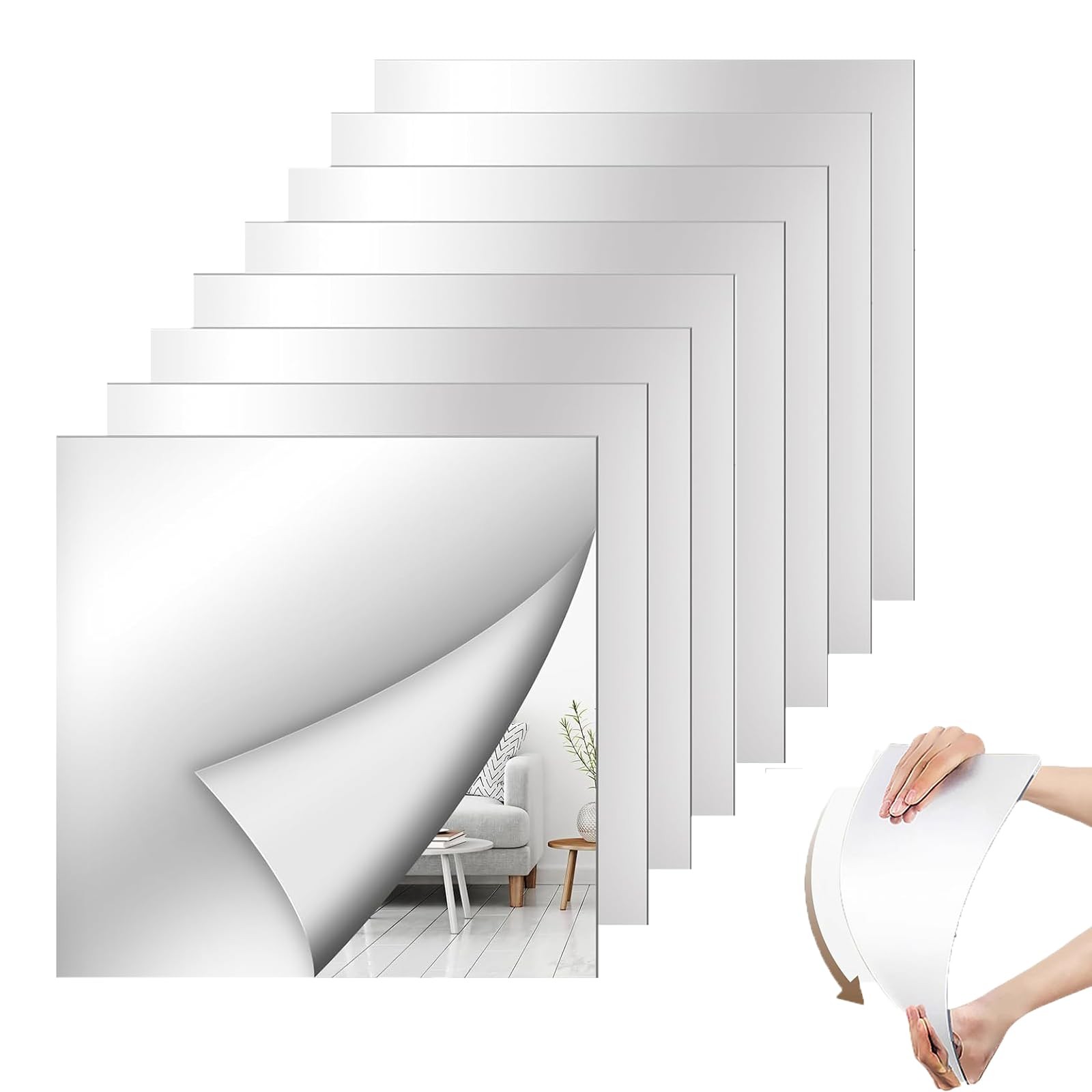 8 Pack Acrylic Mirror Tiles, 10 x 10 Inch Full Length Wall 10×10inch, Sliver