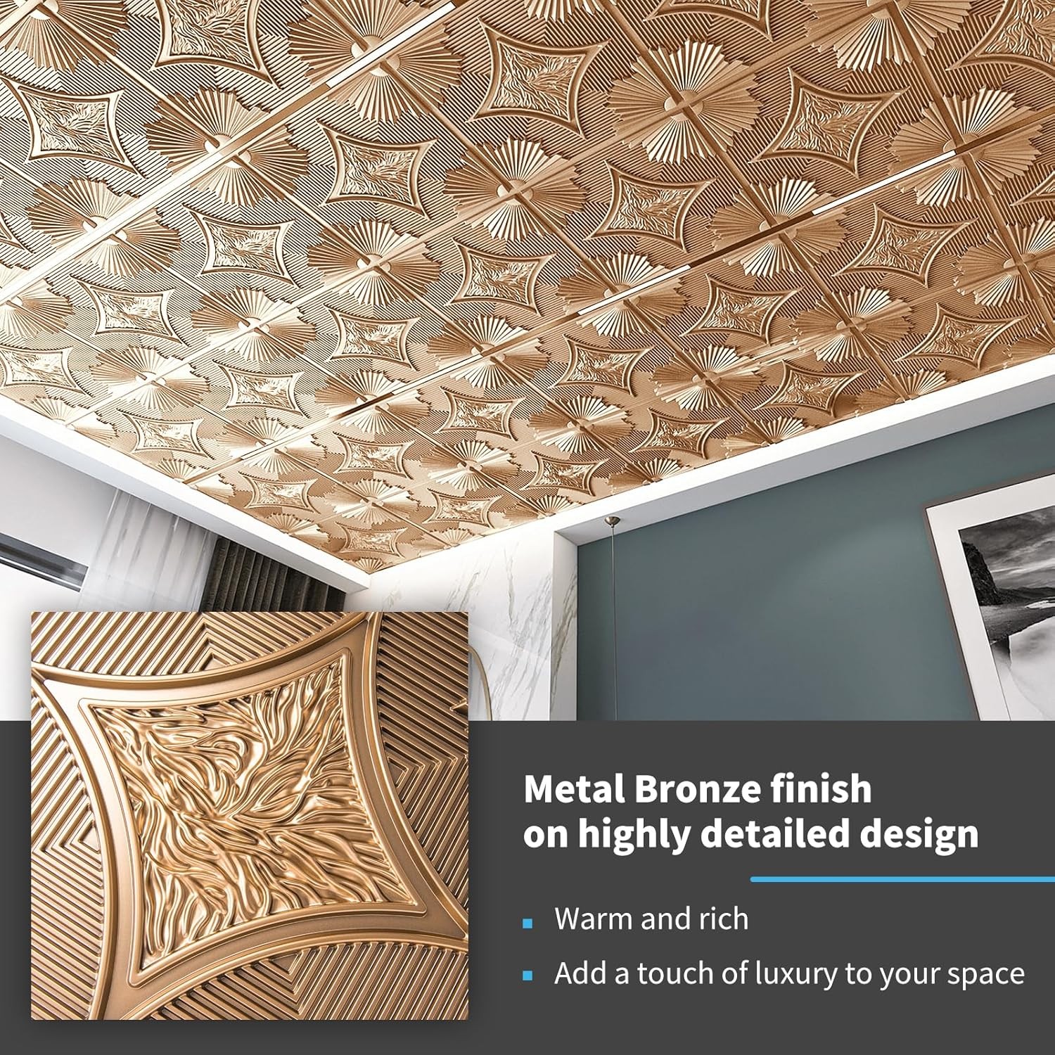 Art3d 12-Pack Drop Ceiling Tiles 24×24 in,3D PVC Wainscoting Panels in Bronze